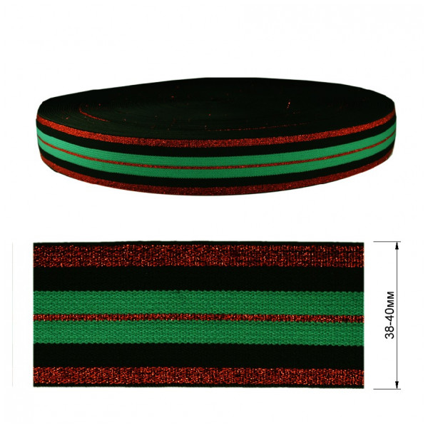 Резинка декоративная с люрексом 4см,  цвет зеленый+черный+красный